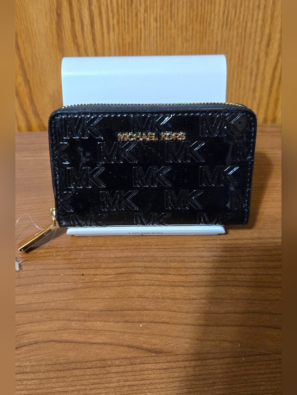 Michael Kors Black Patent Embossed MK Zip Wallet with Gold Hardware